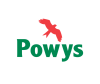 Powys written in green text with a red kite symbol above
